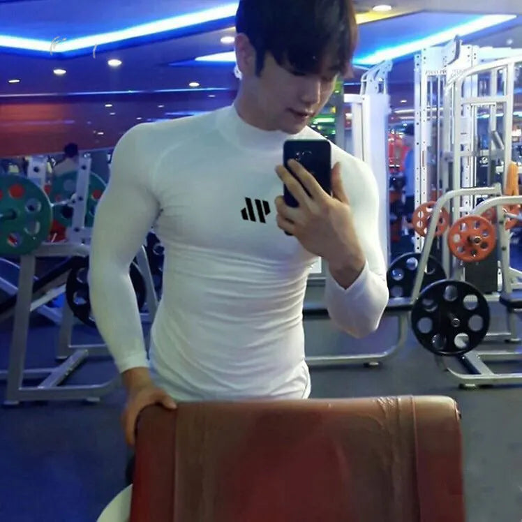 Men's fitness long sleeve quick-dry polyester T-shirt in black, round neck, for running and training
