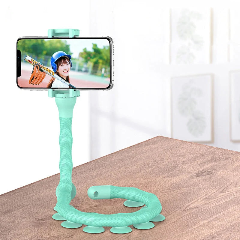 Flexible phone holder with suction cup for desktops and bicycles in black, pink, and clear green