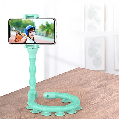 Flexible phone holder with suction cup for desktops and bicycles in black, pink, and clear green