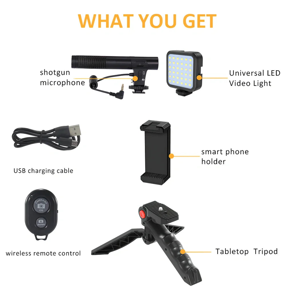 Black tripod head set with 150cm height, condenser mic, compatible with iPhone for stable camera recording