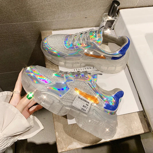 Women's transparent Harajuku sneakers with holographic flash design