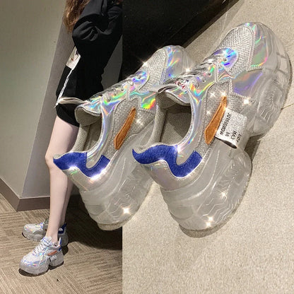 Women's transparent Harajuku sneakers with holographic flash design