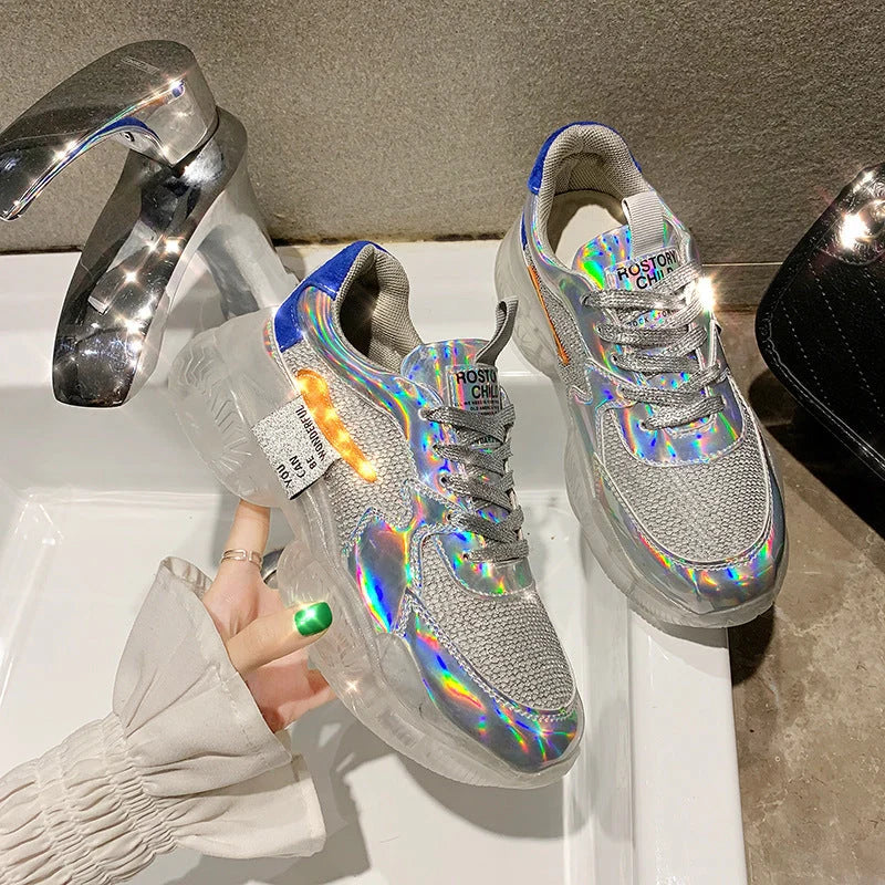 Women's transparent Harajuku sneakers with holographic flash design