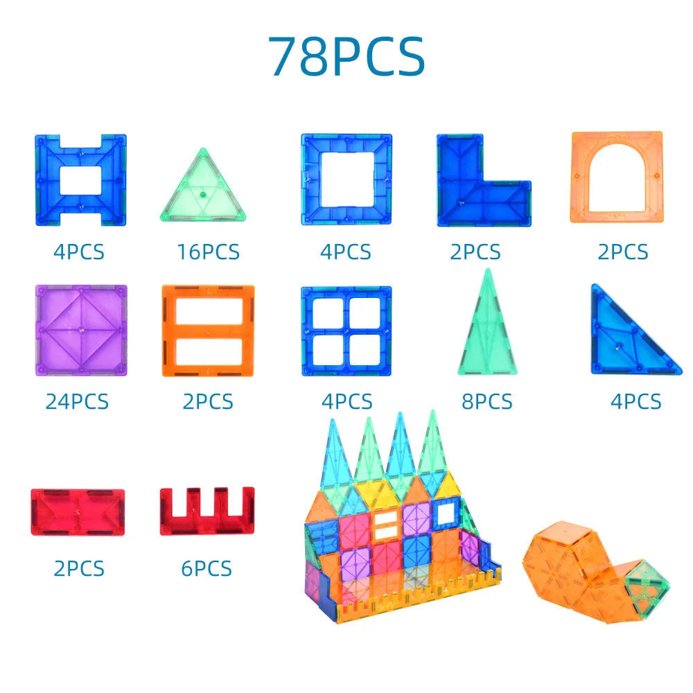 Brightly coloured magnetic tiles building blocks for creative construction and learning