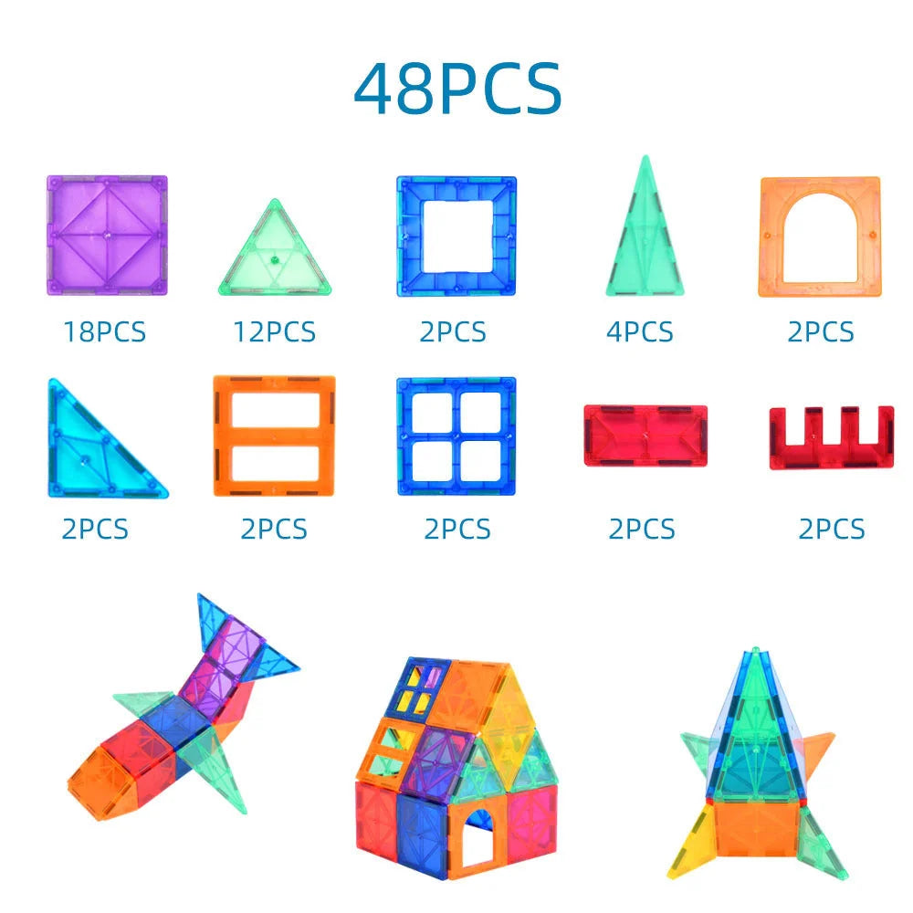 Brightly coloured magnetic tiles building blocks for creative construction and learning