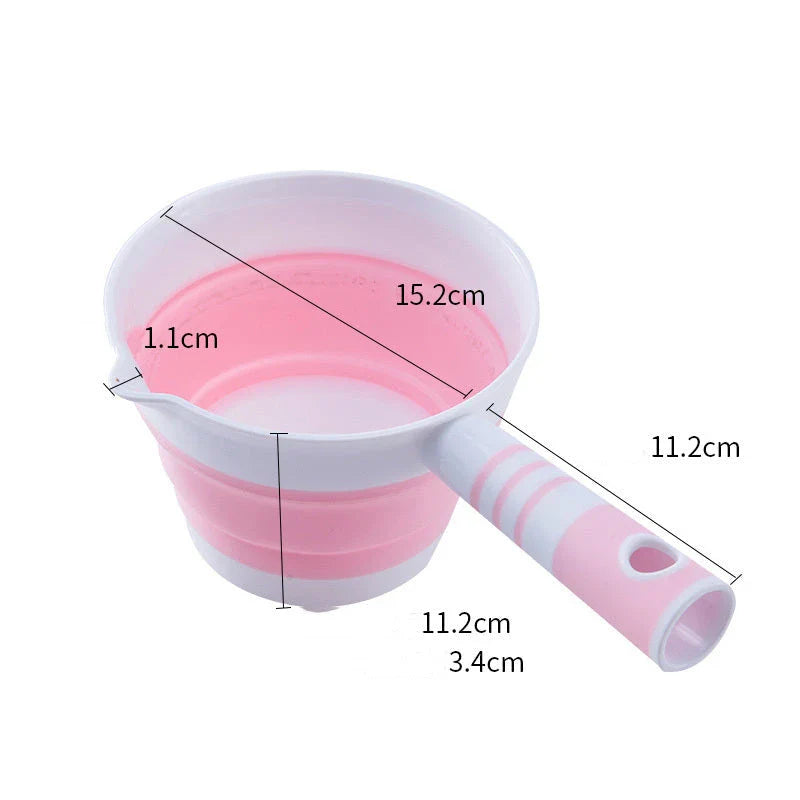 Folding portable collapsible bucket in grey and pink, perfect for outdoor and kitchen use