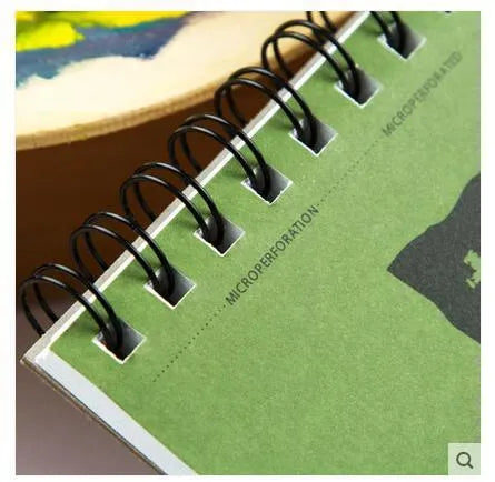 Green paper water-soluble lead sketchbook open flat showing spiral binding and 8K or 16K size