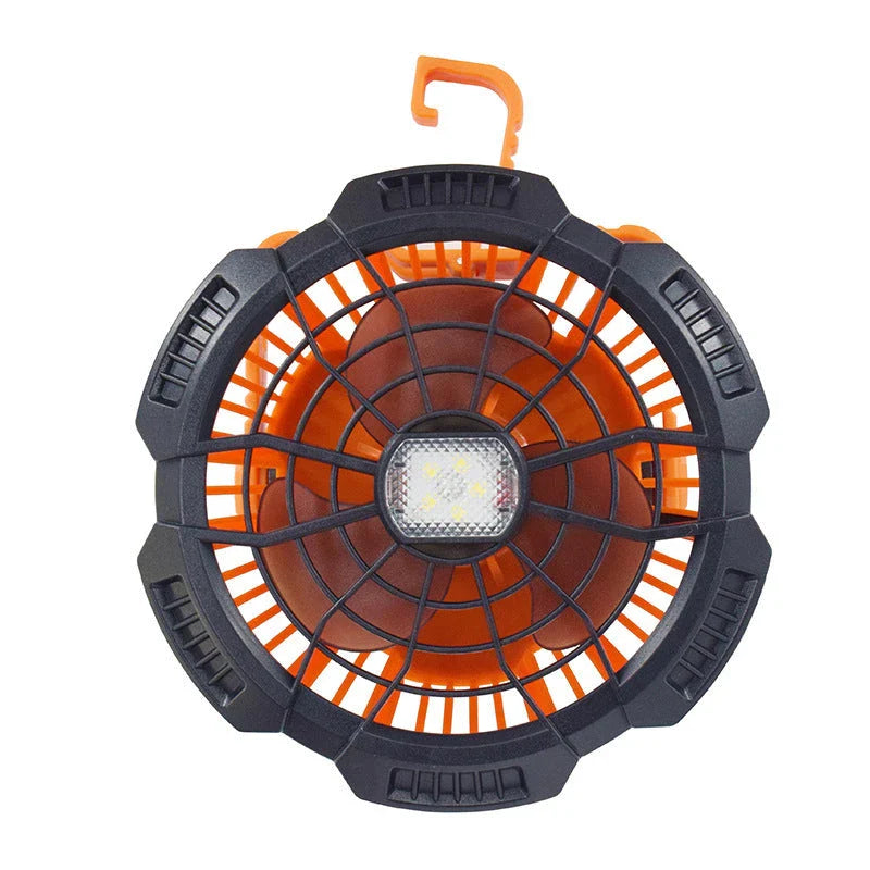 Multifunction LED Lighting Lamp with Fan in orange and black, featuring remote control and USB charging