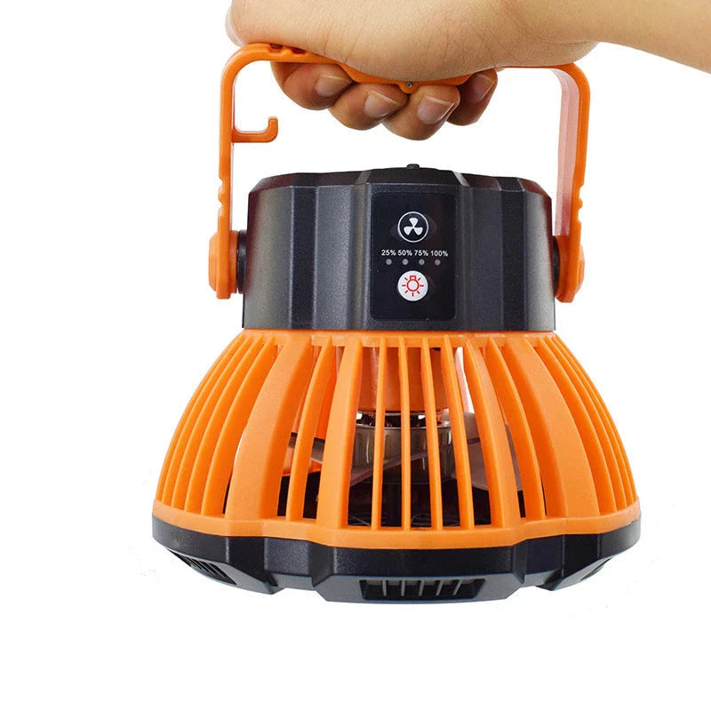 Multifunction LED Lighting Lamp with Fan in orange and black, featuring remote control and USB charging