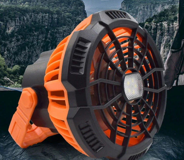 Multifunction LED Lighting Lamp with Fan in orange and black, featuring remote control and USB charging