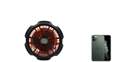 Multifunction LED Lighting Lamp with Fan in orange and black, featuring remote control and USB charging