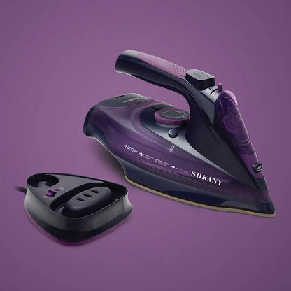 Cordless steam iron with ceramic soleplate and charging base, ideal for home and travel use