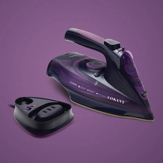 Cordless steam iron with ceramic soleplate and charging base, ideal for home and travel use