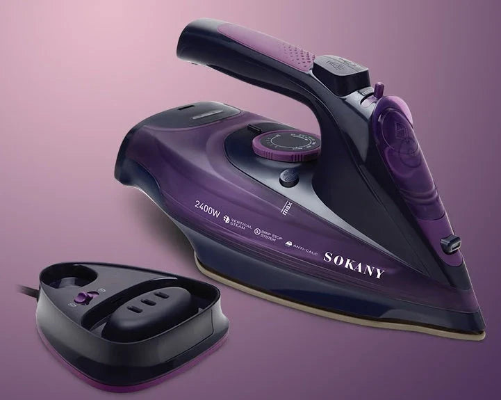 Cordless steam iron with ceramic soleplate and charging base, ideal for home and travel use