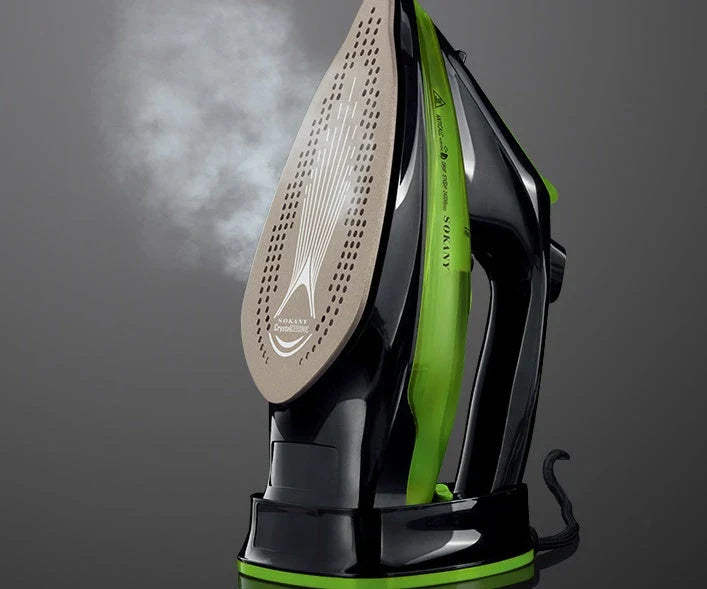 Cordless steam iron with ceramic soleplate and charging base, ideal for home and travel use