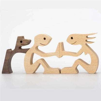 Handcrafted wooden dog sculpture featuring a man and his loyal canine companion