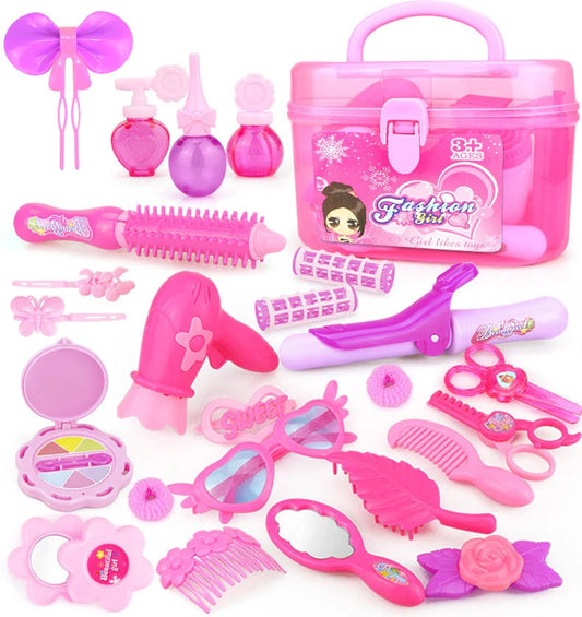 Pink pretend play makeup set for kids with 24-32 pieces, safe and non-toxic