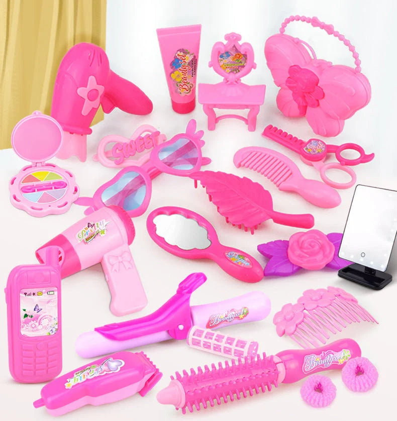Pink pretend play makeup set for kids with 24-32 pieces, safe and non-toxic