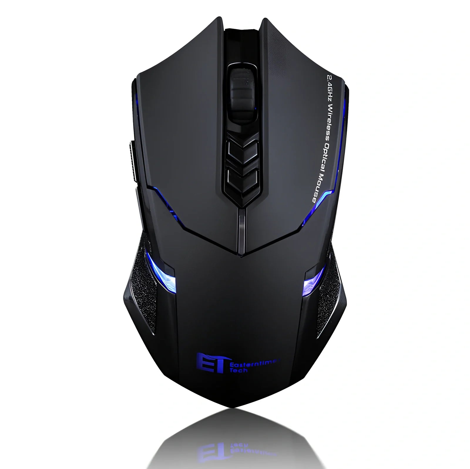 Wirelesspro black gaming mouse with red accents and USB receiver showing ergonomic design