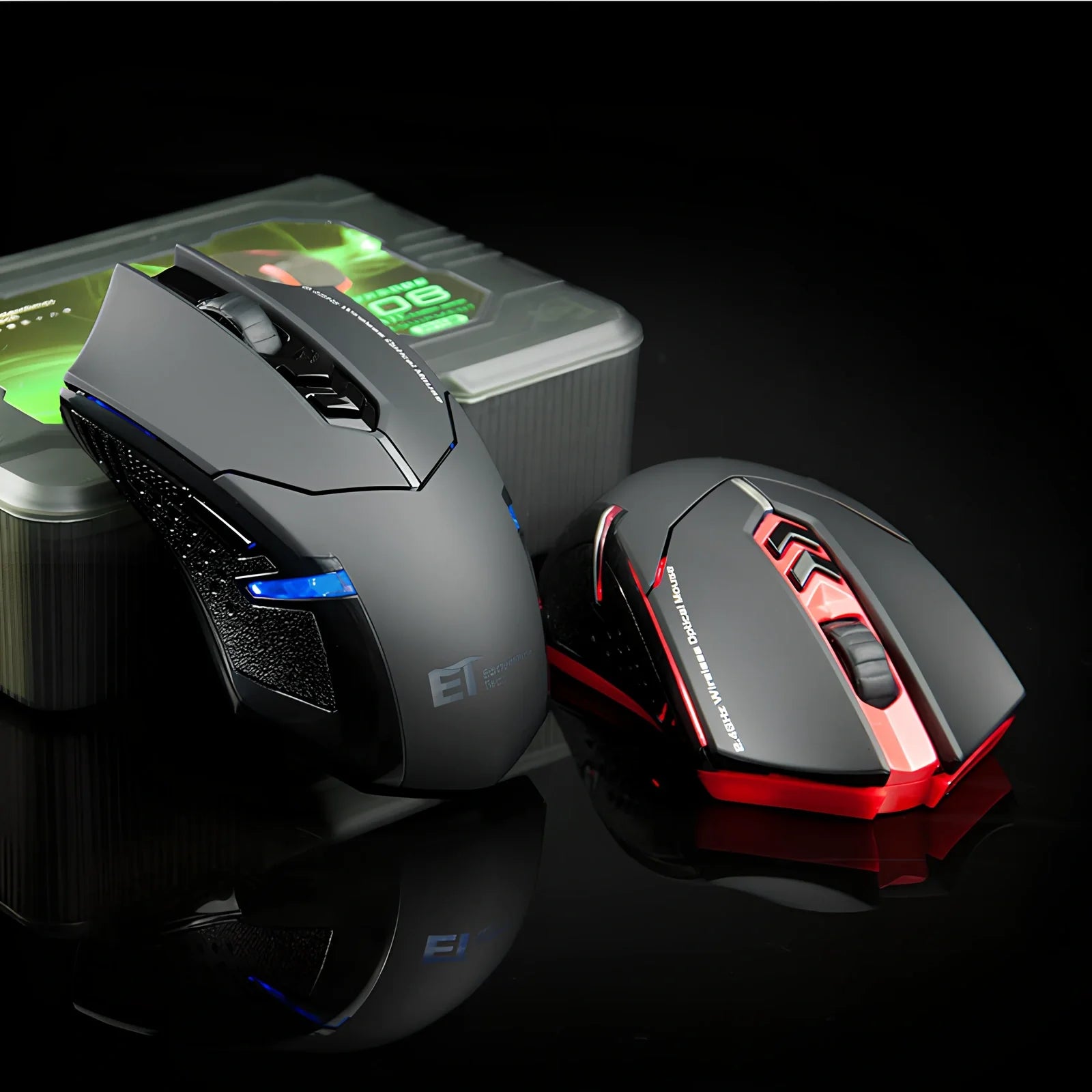 Wirelesspro black gaming mouse with red accents and USB receiver showing ergonomic design