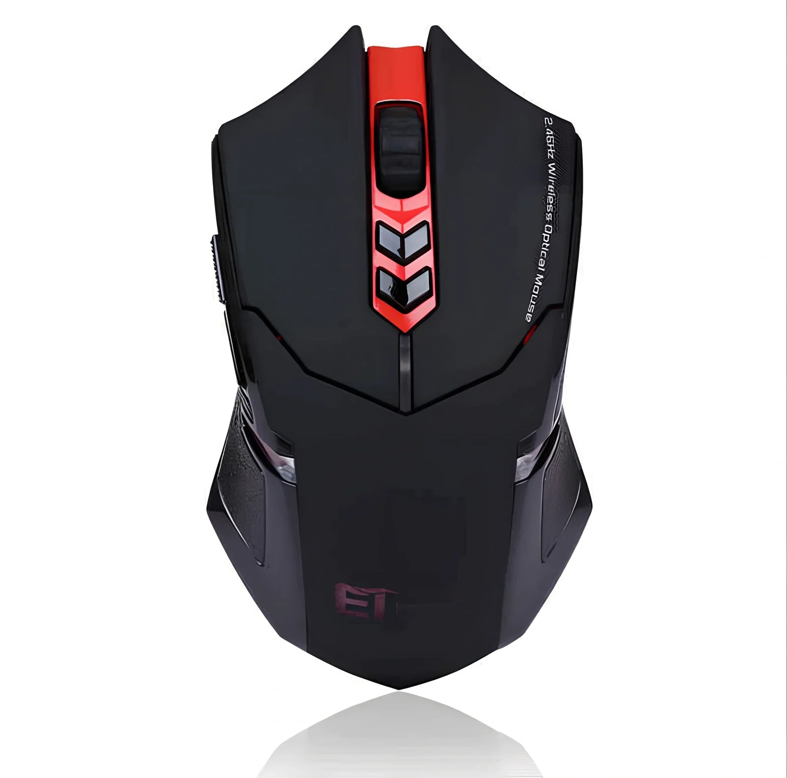 Wirelesspro black gaming mouse with red accents and USB receiver showing ergonomic design