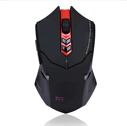 Wirelesspro black gaming mouse with red accents and USB receiver showing ergonomic design