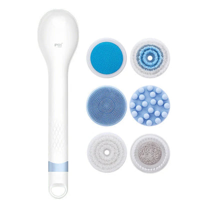 Electric bathing brush with white waterproof silicone bristles and ergonomic handle