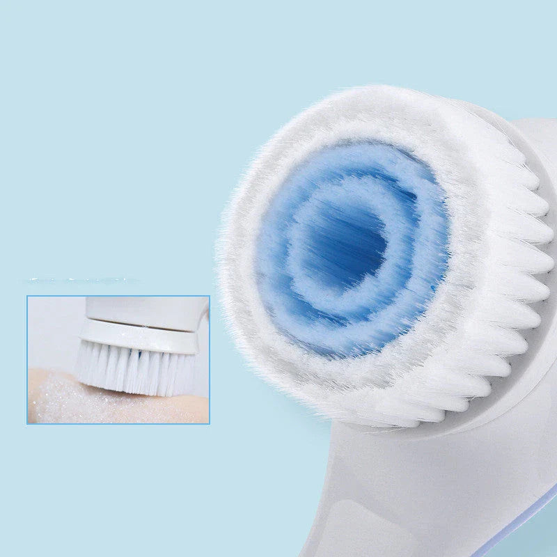 Electric bathing brush with white waterproof silicone bristles and ergonomic handle