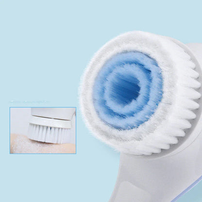 Electric bathing brush with white waterproof silicone bristles and ergonomic handle