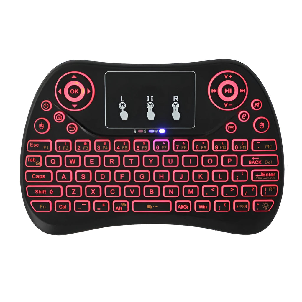 Compact black wireless keyboard with multi-colour backlit keys and integrated touchpad.
