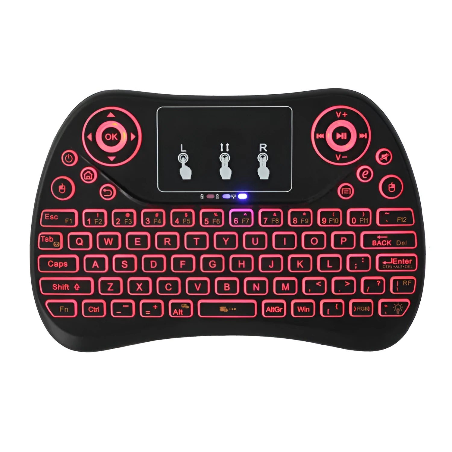 Compact black wireless keyboard with multi-colour backlit keys and integrated touchpad.