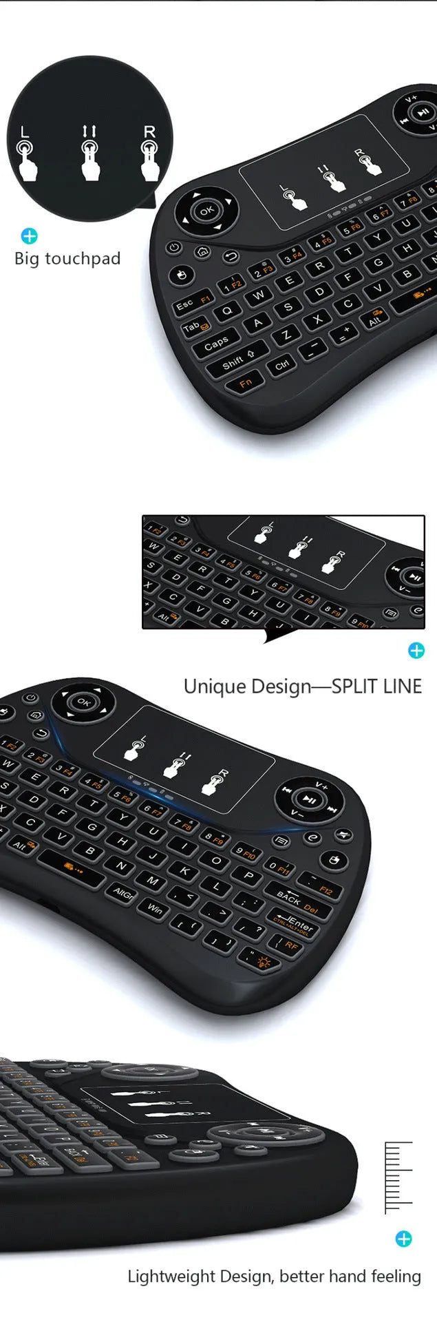 Compact black wireless keyboard with multi-colour backlit keys and integrated touchpad.