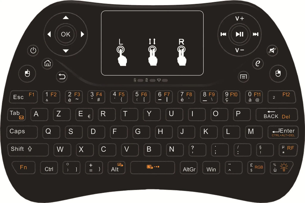 Compact black wireless keyboard with multi-colour backlit keys and integrated touchpad.