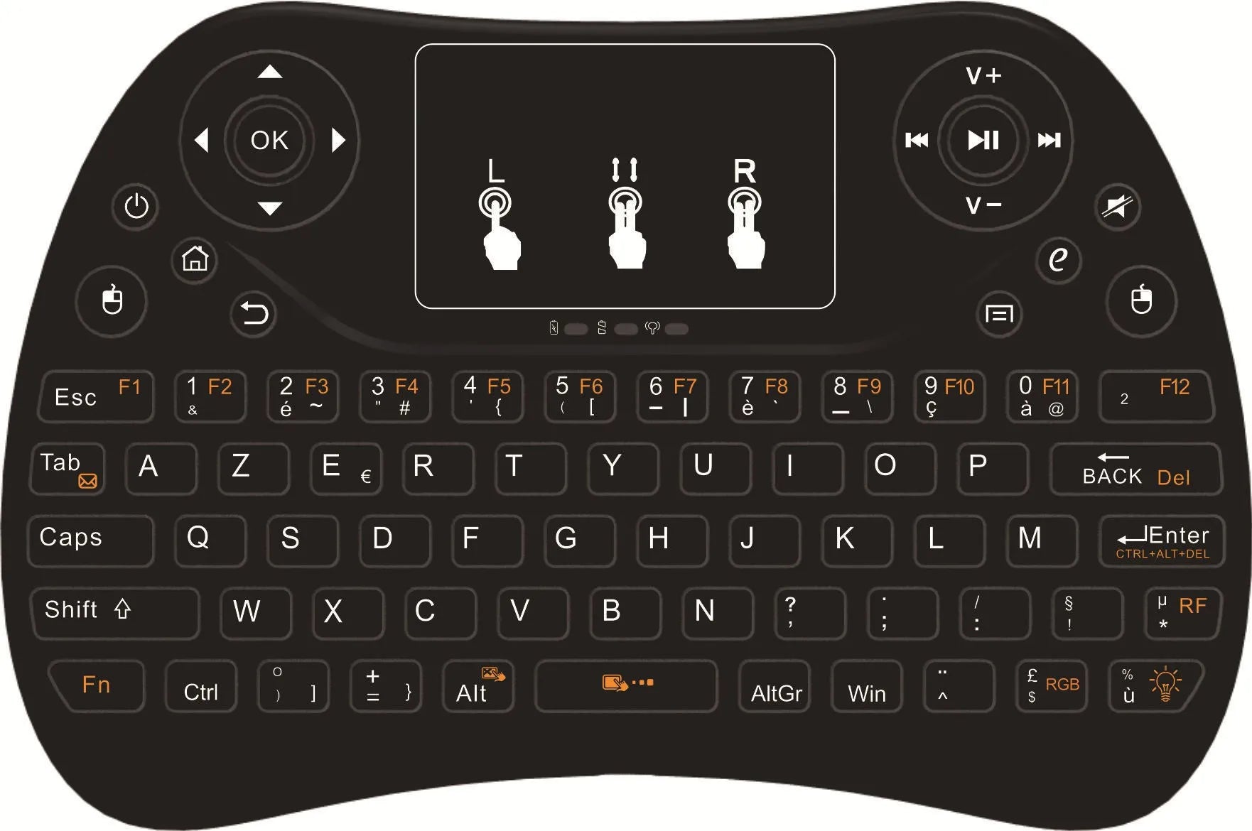 Compact black wireless keyboard with multi-colour backlit keys and integrated touchpad.