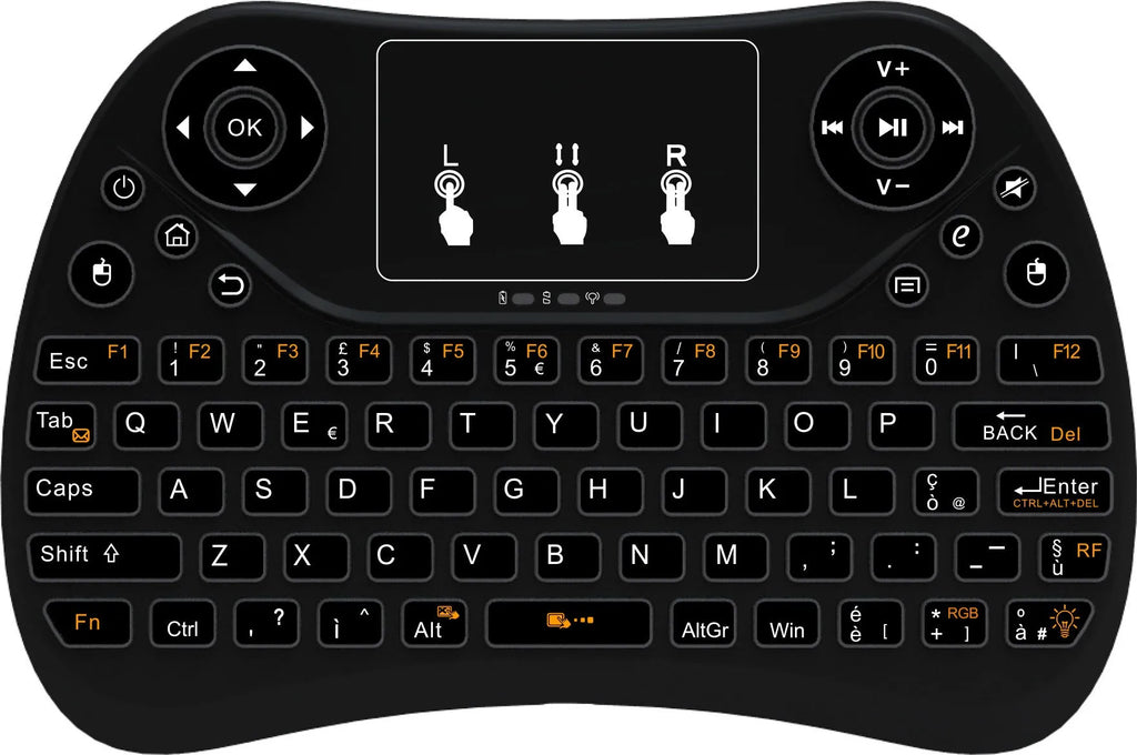 Compact black wireless keyboard with multi-colour backlit keys and integrated touchpad.