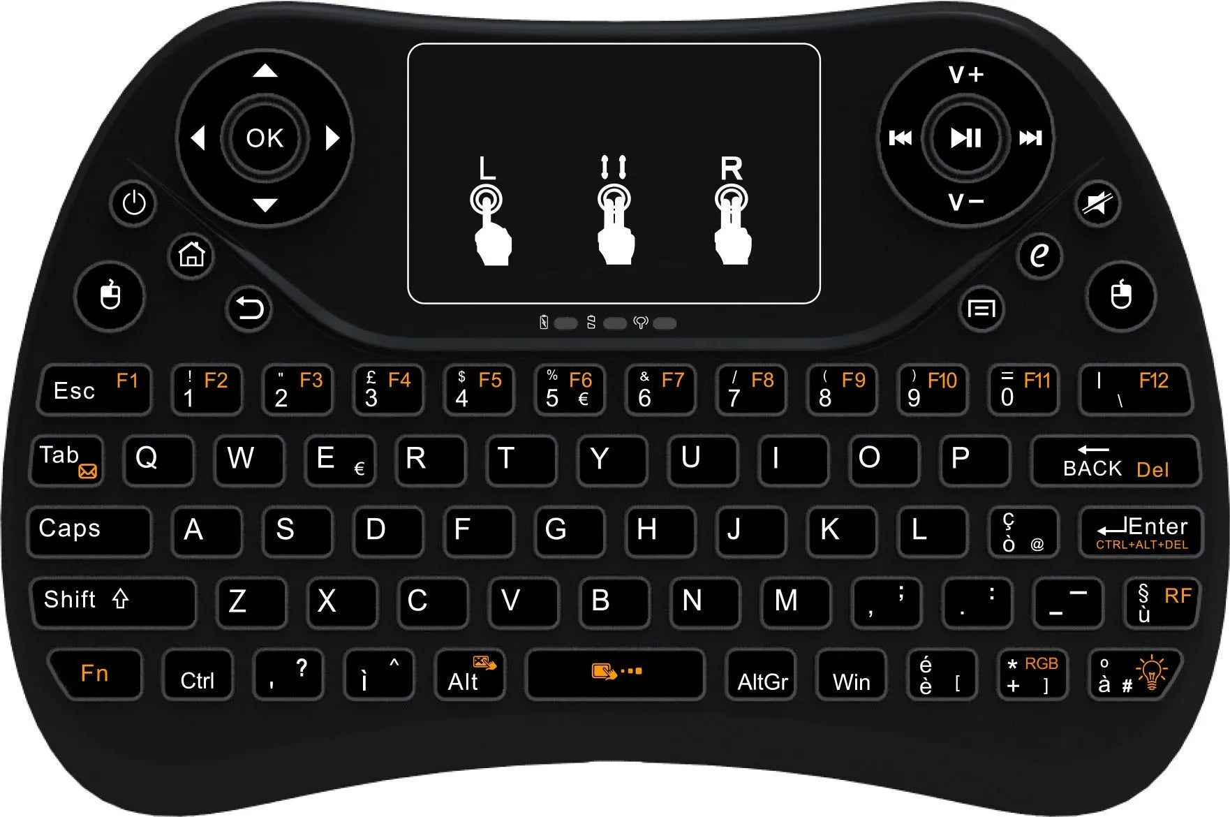 Compact black wireless keyboard with multi-colour backlit keys and integrated touchpad.