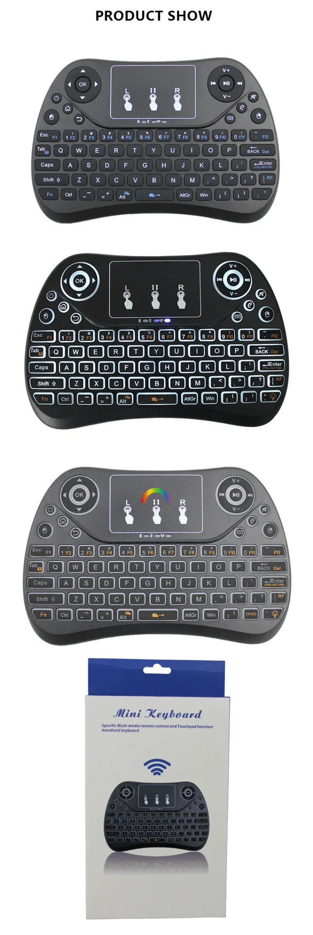 Compact black wireless keyboard with multi-colour backlit keys and integrated touchpad.