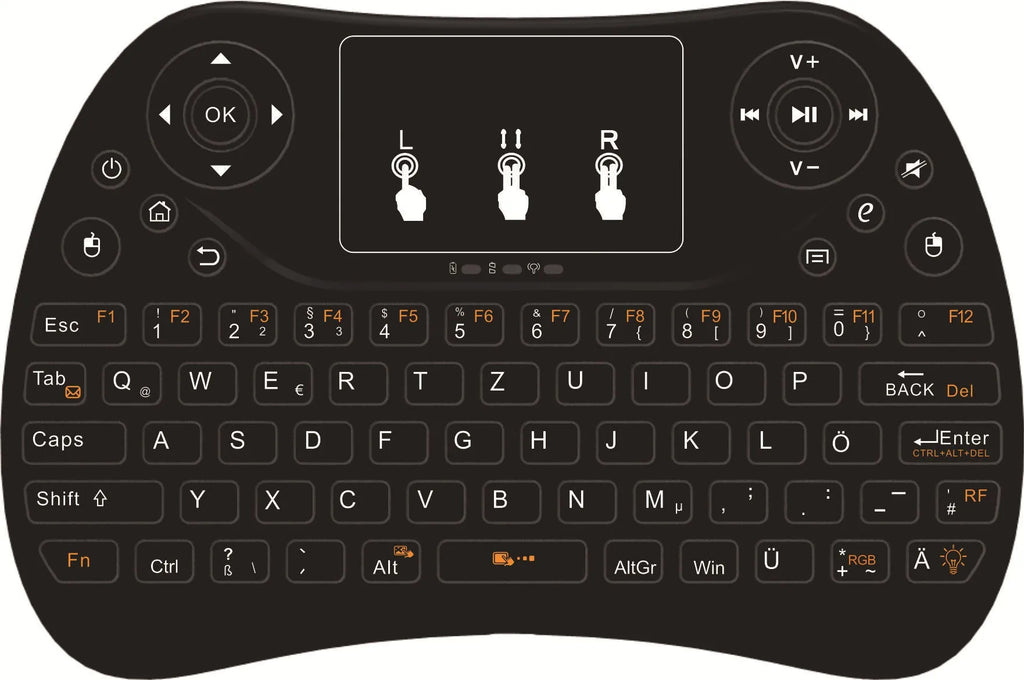 Compact black wireless keyboard with multi-colour backlit keys and integrated touchpad.