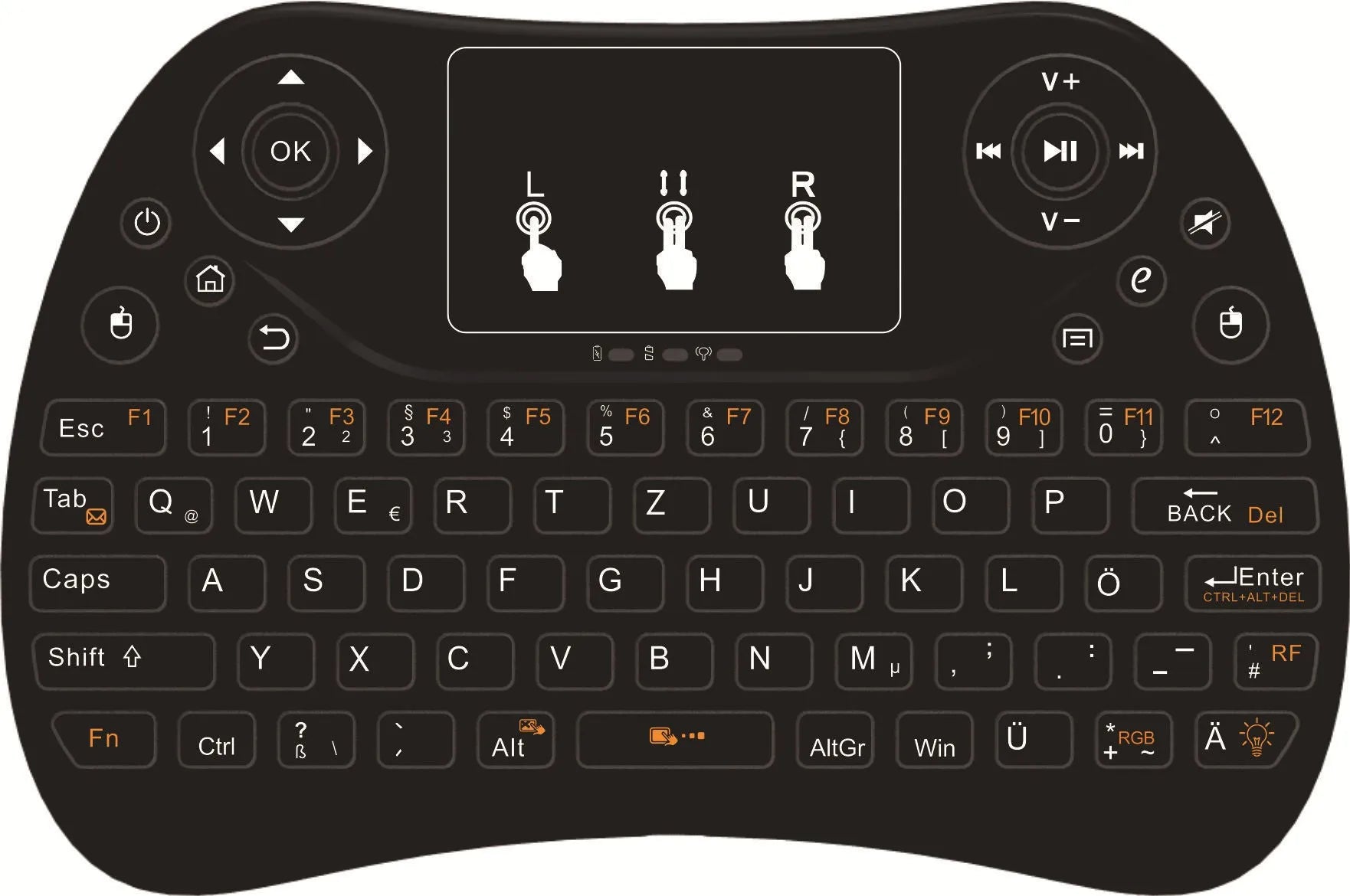 Compact black wireless keyboard with multi-colour backlit keys and integrated touchpad.