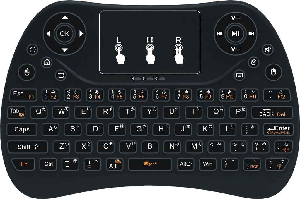 Compact black wireless keyboard with multi-colour backlit keys and integrated touchpad.