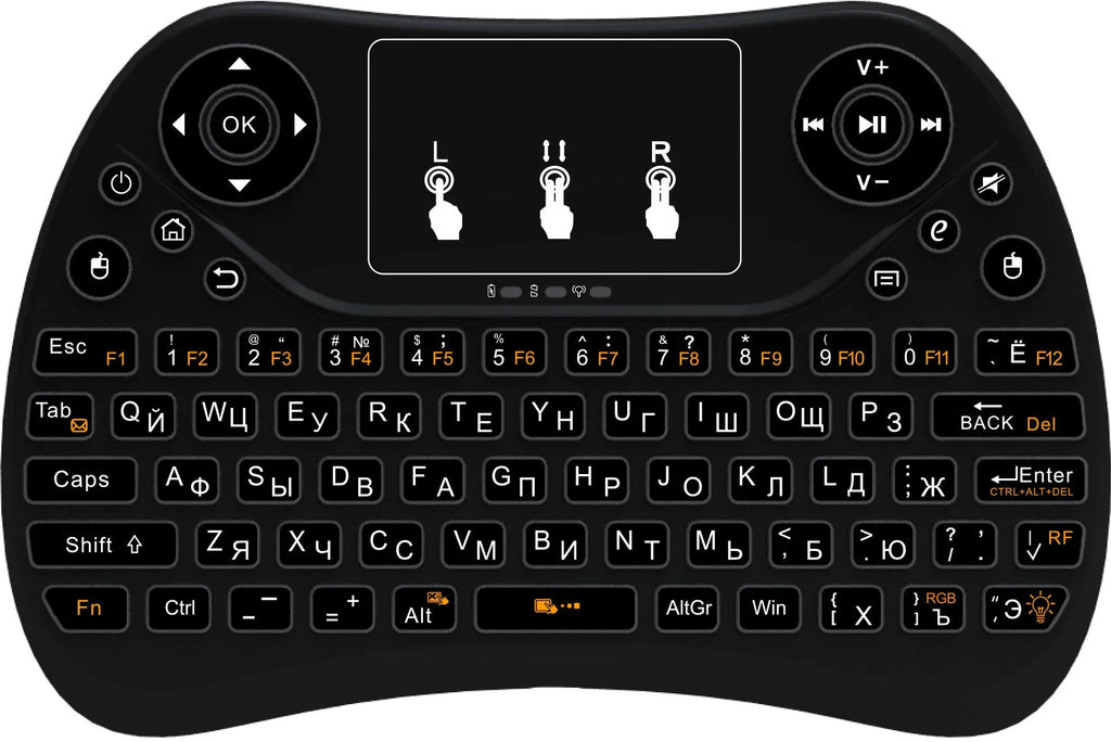Compact black wireless keyboard with multi-colour backlit keys and integrated touchpad.