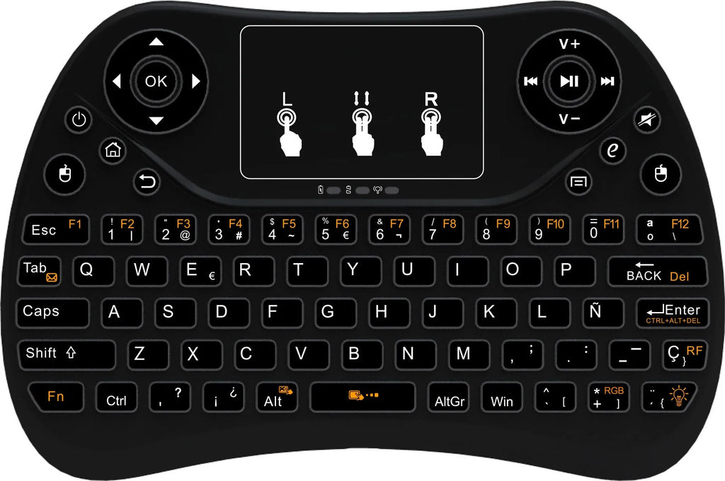 Compact black wireless keyboard with multi-colour backlit keys and integrated touchpad.