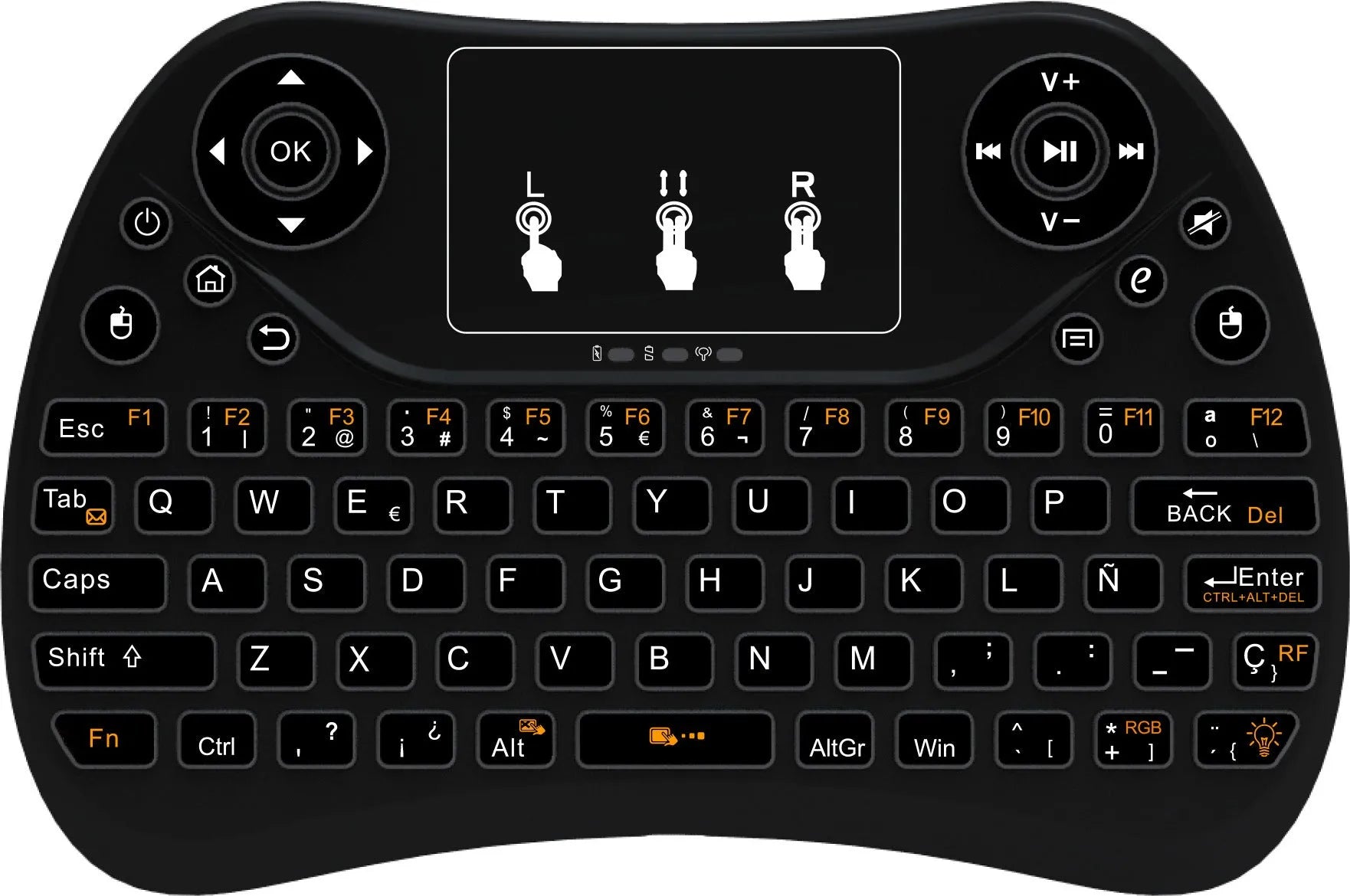 Compact black wireless keyboard with multi-colour backlit keys and integrated touchpad.