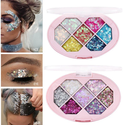 Seven-colour shimmer pigment glitter for face and body, perfect for festivals and special occasions