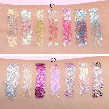 Seven-colour shimmer pigment glitter for face and body, perfect for festivals and special occasions