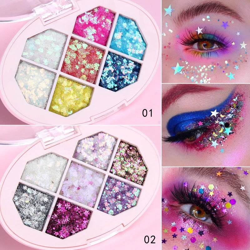 Seven-colour shimmer pigment glitter for face and body, perfect for festivals and special occasions