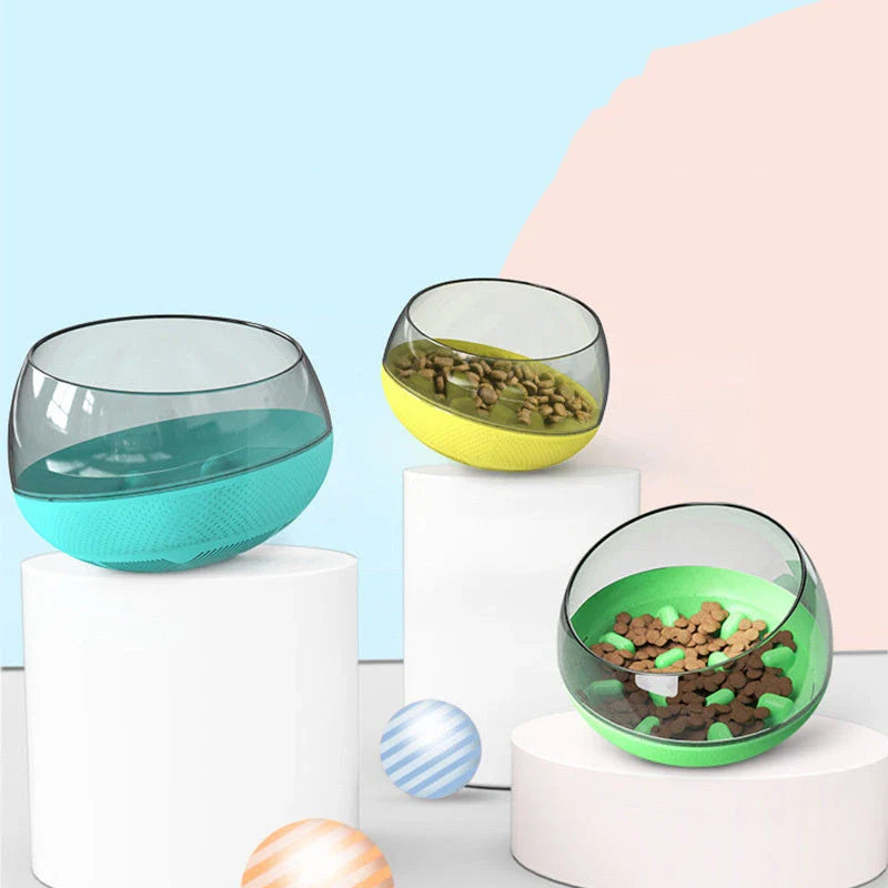 Slow Feeding Space Capsule Dog Bowl in Blue, Yellow, and Green Colors