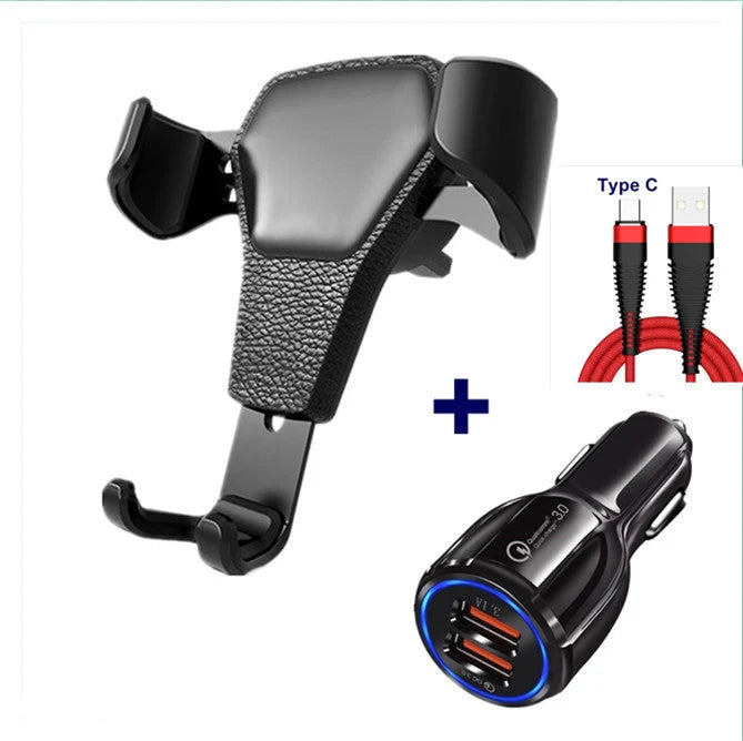 Leather grain gravity mobile phone car holder in black and white, secure and stylish design