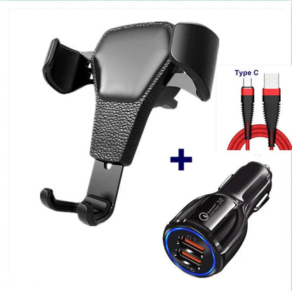 Leather grain gravity mobile phone car holder in black and white, secure and stylish design