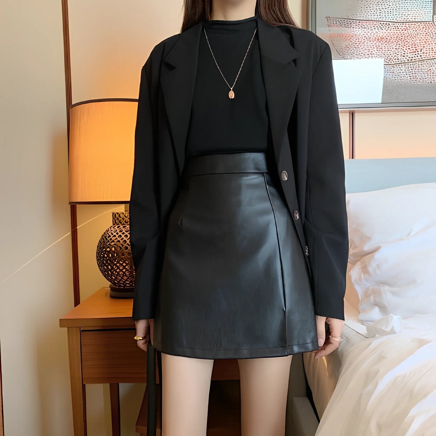 Women's shiny PU leather pencil skirt with high waist and side zipper in pink, black, or yellow